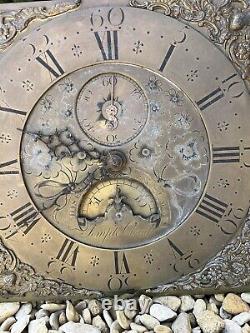 18thC Joseph Quarman, Temple Cloud Brass Long Case Clock Dial + Movement + Bell