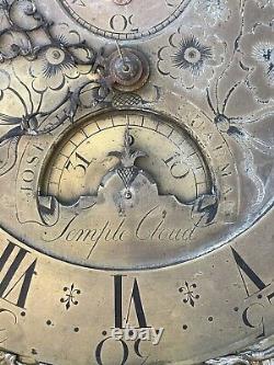 18thC Joseph Quarman, Temple Cloud Brass Long Case Clock Dial + Movement + Bell
