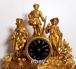 19Th C, very rare French Triptych clock, GROUP of HUNTERS ALLEGORY of HUNTING