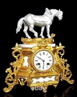 19 th C, FRANCE ALLEGORY AGRICULTURE Big draft Horse CLOCK signed JAPY +BRUNFAUT