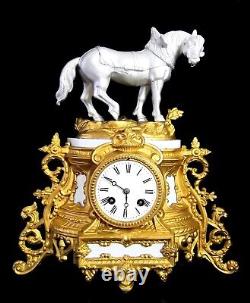 19 th C, FRANCE ALLEGORY AGRICULTURE Big draft Horse CLOCK signed JAPY +BRUNFAUT
