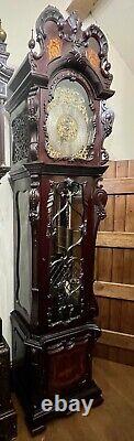 Antique Carved and Inlaid CHIPPENDALE REVIVAL Three Train Musical Longcase Clock