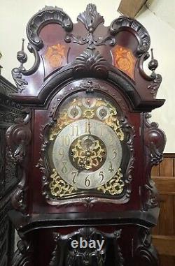 Antique Carved and Inlaid CHIPPENDALE REVIVAL Three Train Musical Longcase Clock