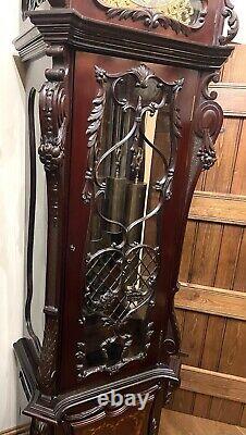 Antique Carved and Inlaid CHIPPENDALE REVIVAL Three Train Musical Longcase Clock