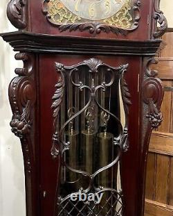 Antique Carved and Inlaid CHIPPENDALE REVIVAL Three Train Musical Longcase Clock