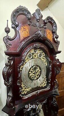 Antique Carved and Inlaid CHIPPENDALE REVIVAL Three Train Musical Longcase Clock