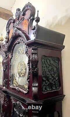 Antique Carved and Inlaid CHIPPENDALE REVIVAL Three Train Musical Longcase Clock