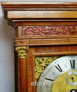 Antique English 8 Day Striking Slimline Inlaid Walnut Grandfather Longcase Clock