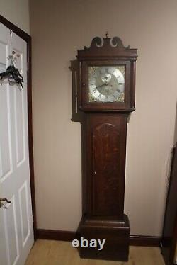 Antique George III Longcase clock 8 day oak case brass dial James Bowra 1740