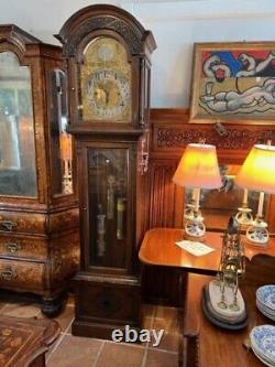 Antique Oak English Brass Face Grandfather Clock