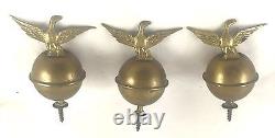 Antique Set Three Brass Longcase Grandfather Clock Finials Topped With Eagles 2