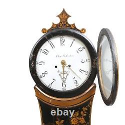 Antique Swedish Mora Clock 1800's Black & Gold Paint Detailing and Carvings