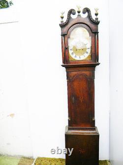 Antique grandfather clock oak and mahogany case brass faced arched dial 8 day