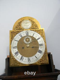 Antique grandfather clock oak and mahogany case brass faced arched dial 8 day
