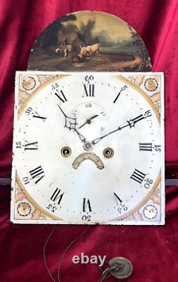 Early Antique 12in Hand Painted 8 Day Grandfather Clock Movement/Arched Dial