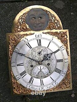 HIGDON OF WELLS 12x17inch wobbly eye sun/moon longcase clock dial+movement c1740