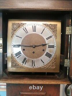 Vintage oak cased cottage sized longcase clock. Westminster