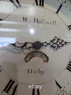 W Holliwell Darby Longcase clock 30 Hour Oak Derbyshire Case Round Painted Dial